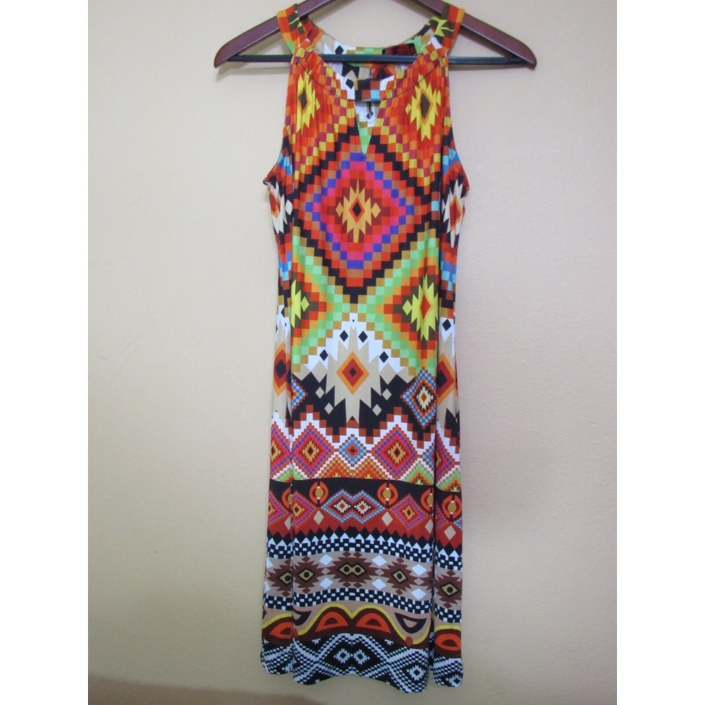 Isle by Melis Kozan Multi Color Geometric‎ Sleeveless Halter Knee Length Dress M